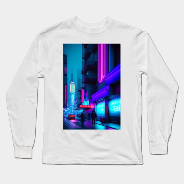 Neon Nightscape Tokyo Long Sleeve T-Shirt by Prints Charming